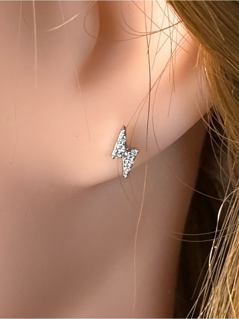 Silver Lightning Bolt Stud Earrings Cubic Zirconia Minimal Dainty
